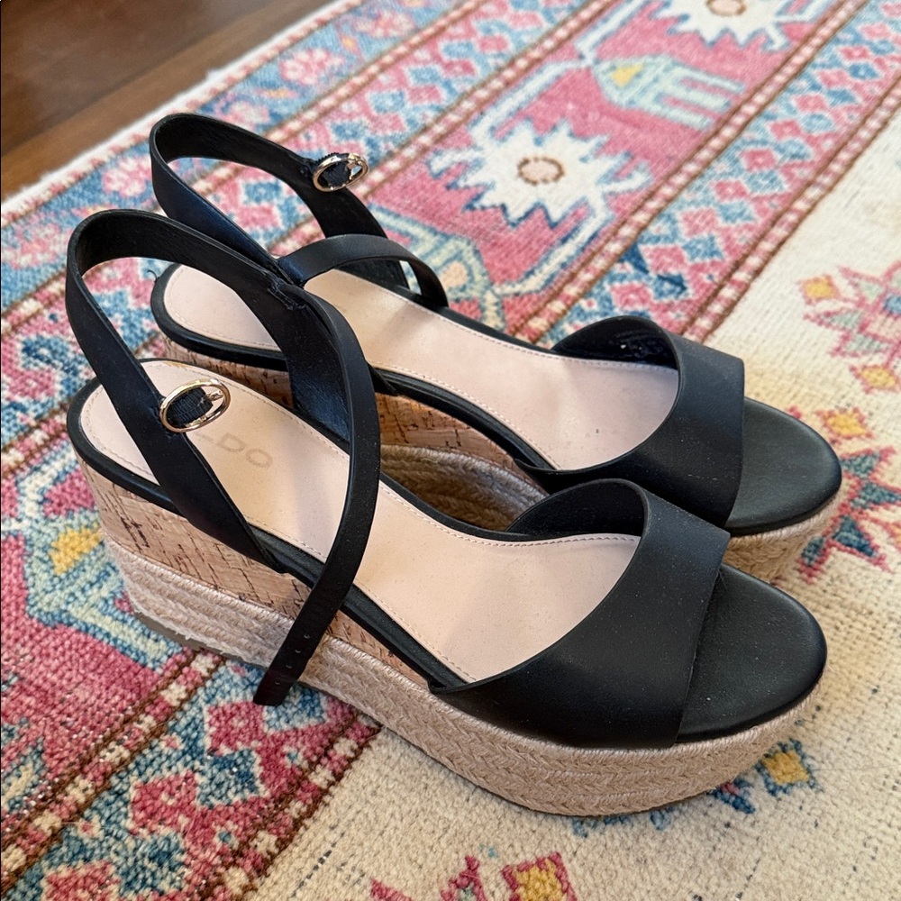 Aldo Black and Tan Wedge Sandals